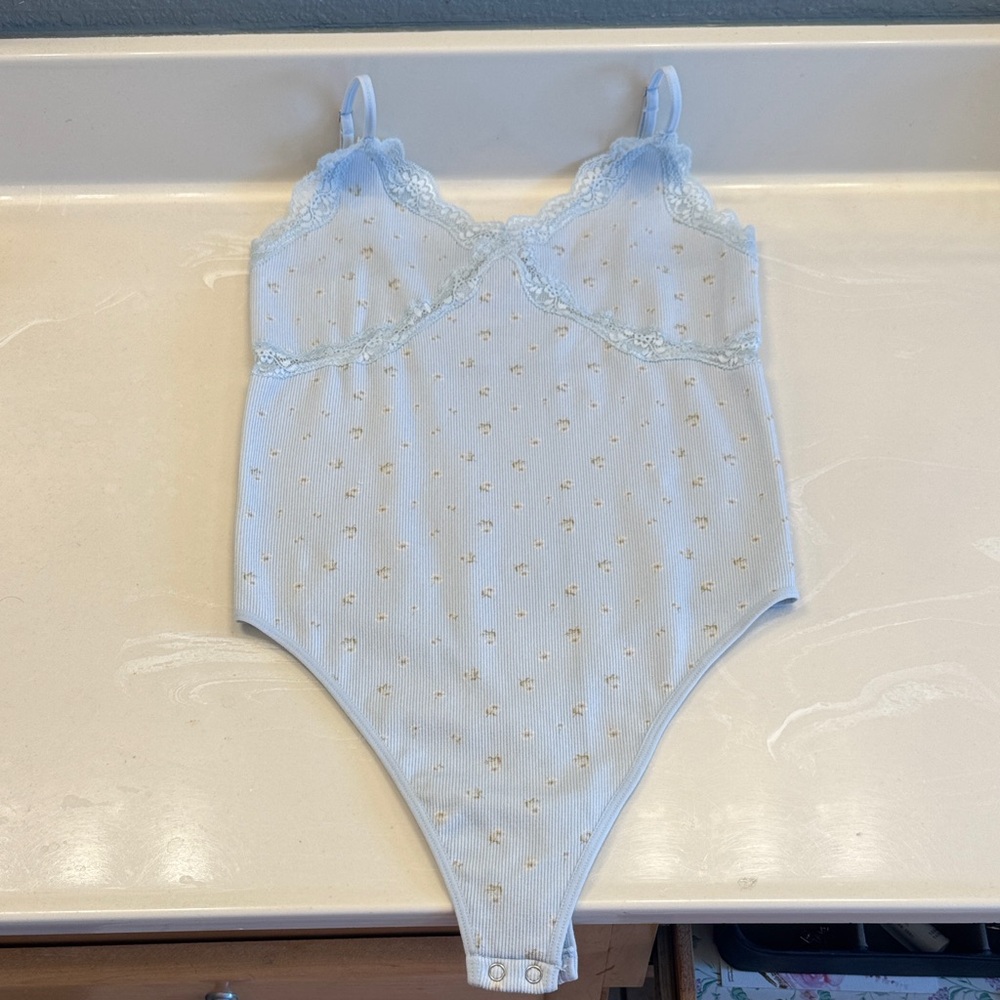 Forever 21 Light Blue Lace Trim Bodysuit